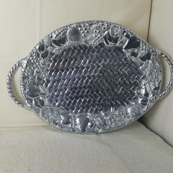 Lenox Silver Tone Oval Serving Tray Woven Basket‎ Fruit Border Handles NWOT